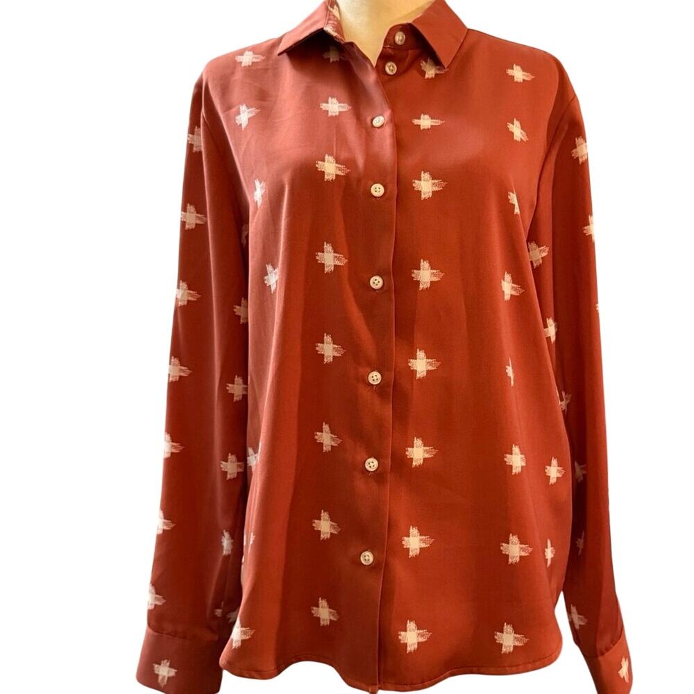 Pendleton Rust Red Button Down Blouse Southwest Print Long Sleeve Size M